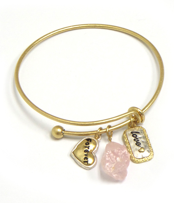 Handmade heart and natural stone charm adjustable wire bangle bracelet - forever love