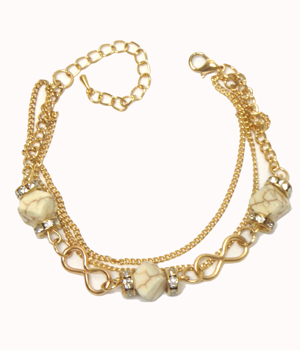 Crystal rondelle and stone link multi chain bracelet