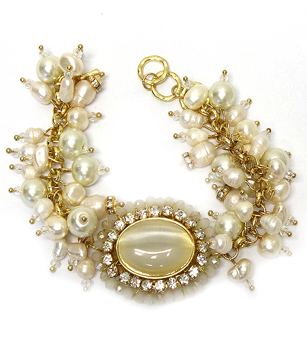 Genuine fresh water pearl and crystal mix toggle bracelet