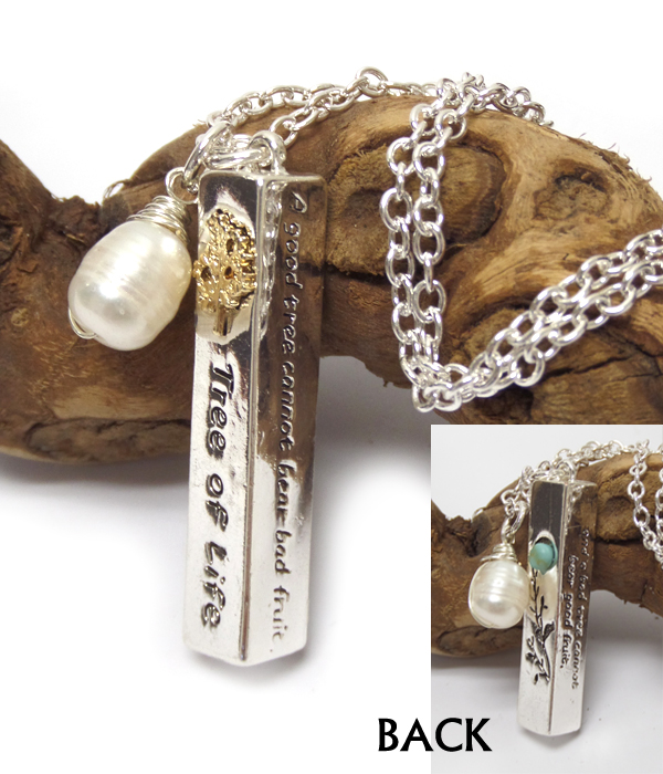 Etsy style genuine fresh water pearl and simple metal stick necklace - a good tree cannot bear bad fruit and a bad tree cannot bear good fruit