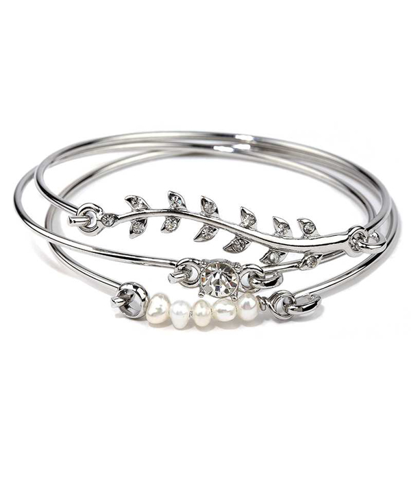Crystal and pearl leaf 3 wire bangle bracelet set