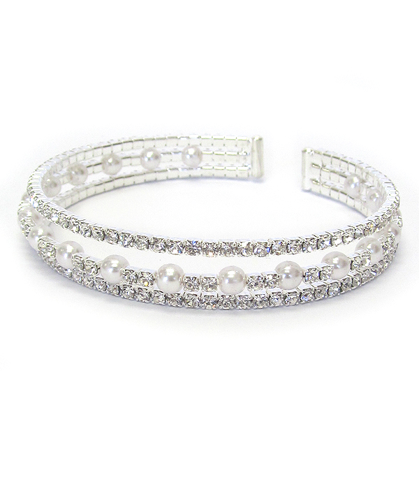 Memory wire rhinestone and pearl bracelet