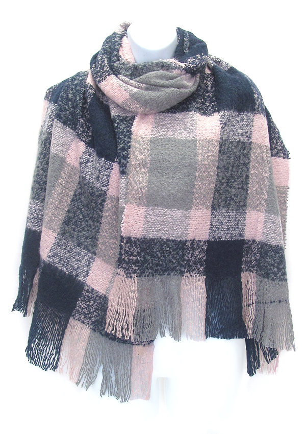Fringe trim and plaid pattern blanket scarf