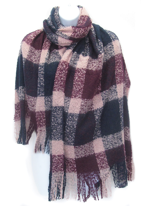 Fringe trim and plaid pattern blanket scarf