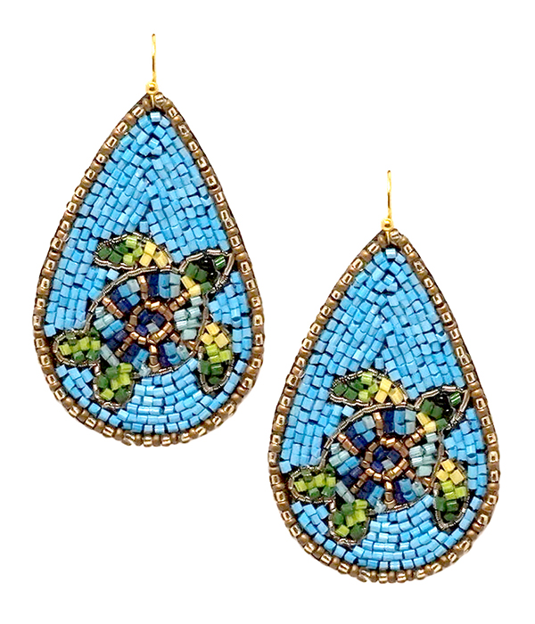 HANDMADE SEALIFE THEME MULTI SEEDBEAD TEARDROP TURTLE EARRING