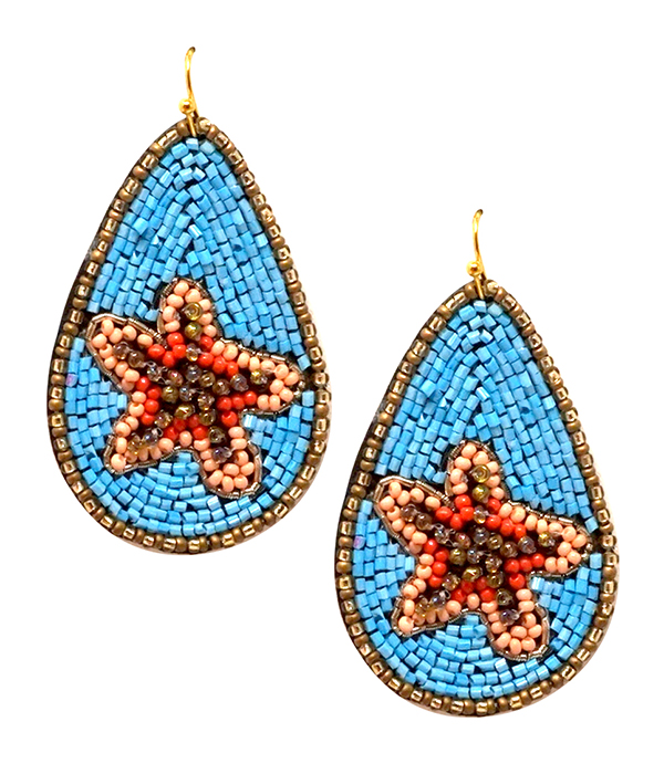 HANDMADE SEALIFE THEME MULTI SEEDBEAD TEARDROP STARFISH EARRING