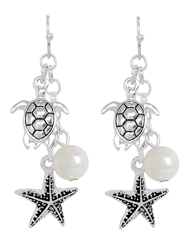 SEALIFE THEME MULTI CHARM DROP EARRING - TURTLE STARFISH