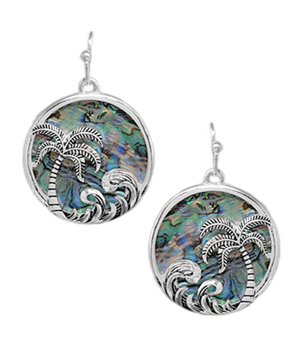 TROPICAL THEME ABALONE ROUND EARRING - PALM TREE