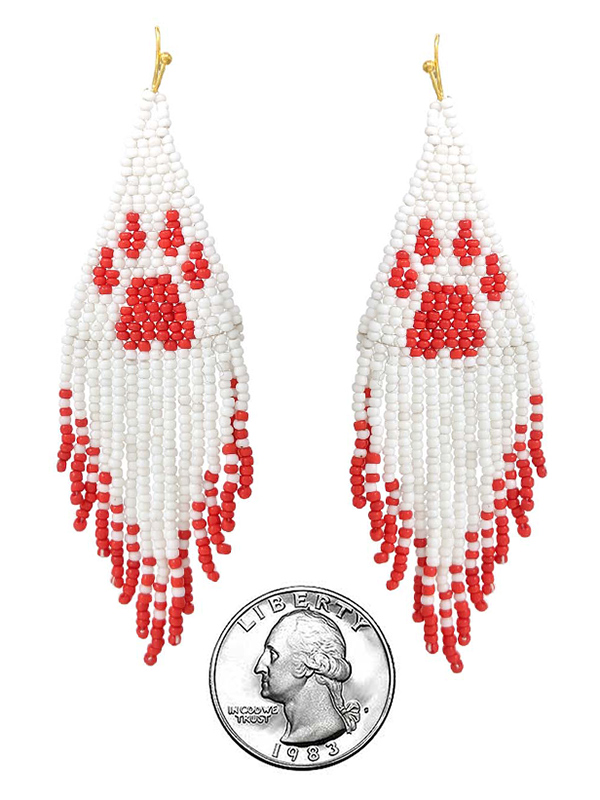 Handmade multi seedbead tassel drop earring - colloge theme paw