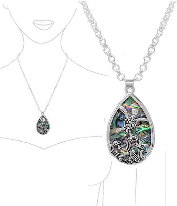 SEALIFE THEME ABALONE TEARDROP PENDANT NECKLACE - TURTLE