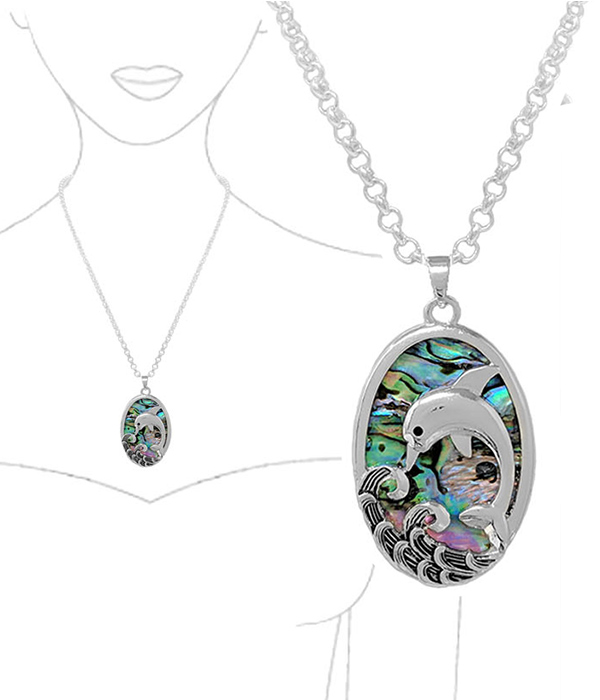 Sealife theme abalone oval pendant necklace - dolphin