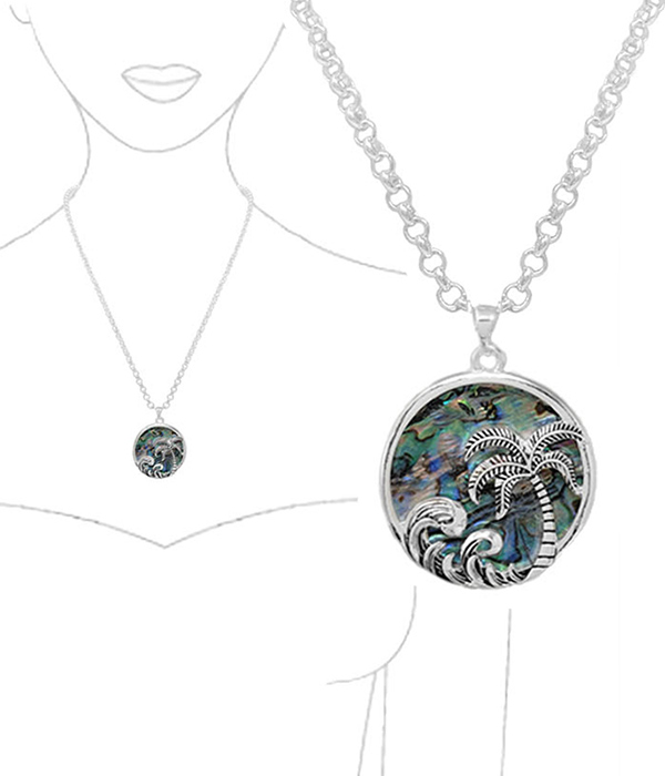 TROPICAL THEME ABALONE ROUND PENDANT NECKLACE - PALM TREE