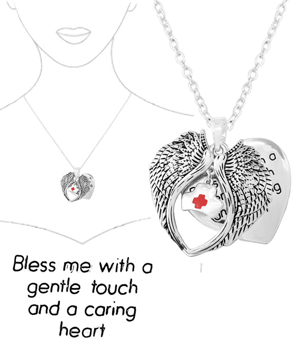 NURSE THEME ANGEL WING PENDANT NECKLACE - BLESS ME WITH A GENTLE TOUCH AND A CARING HEART