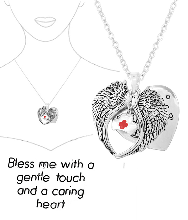 Nurse theme angel wing pendant necklace - bless me with a gentle touch and a caring heart