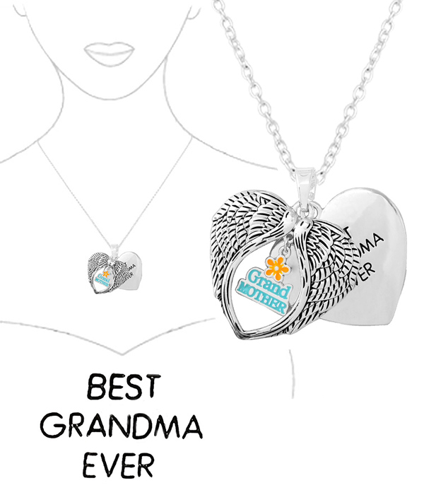 GRAND MOTHER THEME ANGEL WING PENDANT NECKLACE - BEST GRANDMA EVER