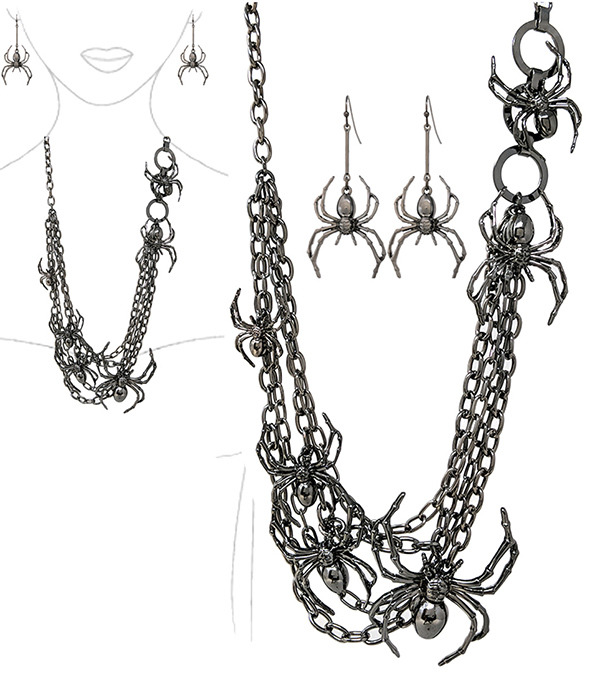 HALLOWEEN THEME MULTI CHAIN LONG NECKLACE SET - SPIDER