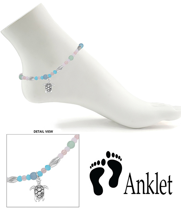 SEALIFE THEME MULTI BEAD STRETCH ANKLET - TURTLE