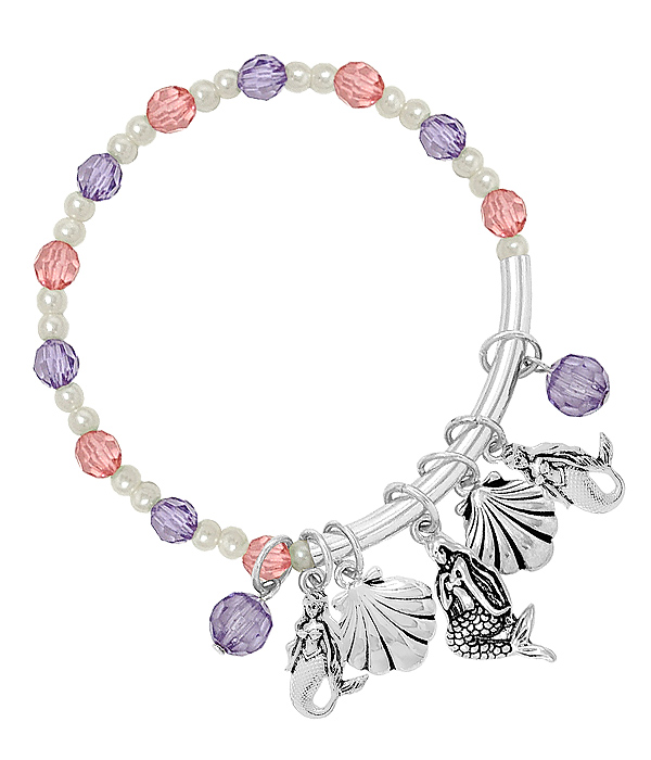 Sealife theme multi charm stretch bracelet - mermaid shell