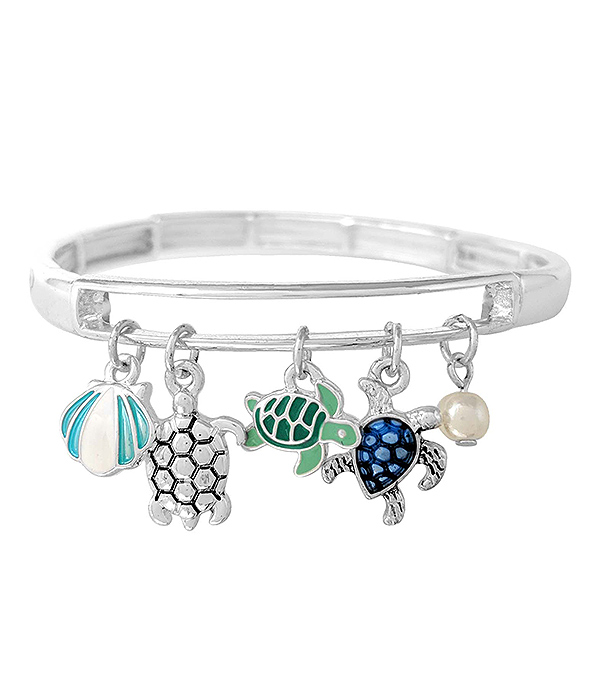 Sealife theme multi charm stretch bracelet - turtle shell