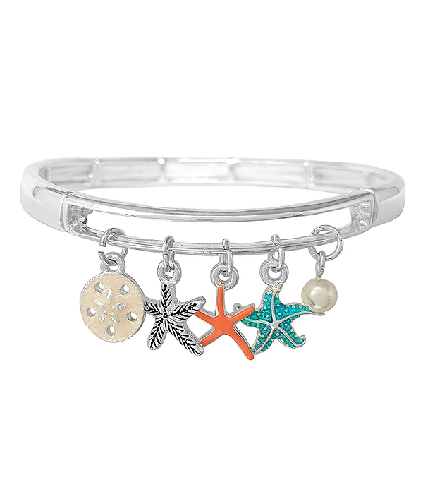 Sealife theme multi charm stretch bracelet - starfish sand dollar