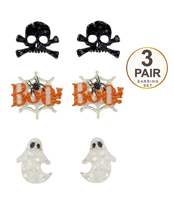 HALLOWEEN THEME 3 PAIR EARRING SET - SKULL GHOST
