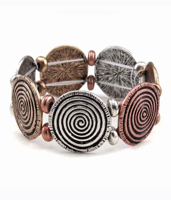 Burnish swirl textured metal disk link stretch bracelet