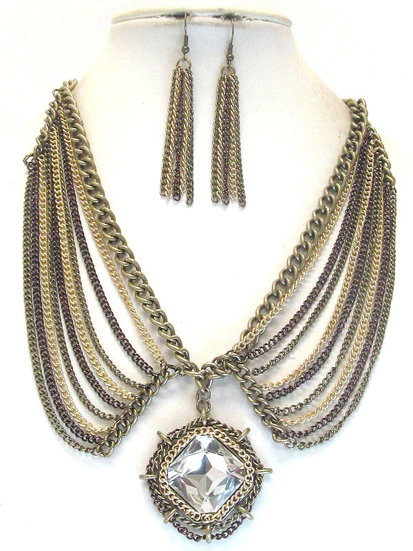 Facet glass center and multi chain drop dress necklace earring set