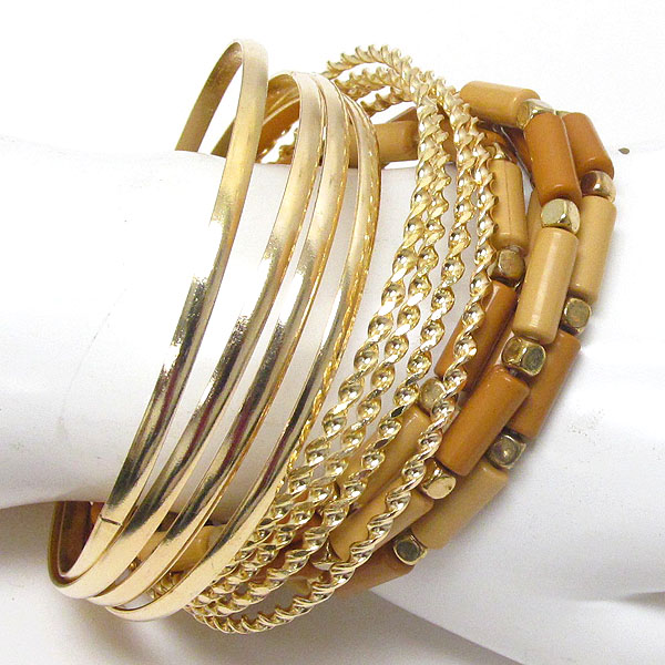 Multi metal bangle and wood bead stretch bracelet set of 12