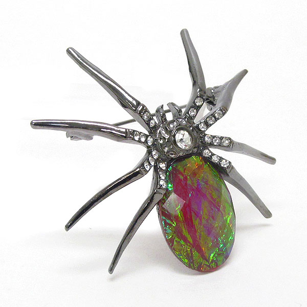 Crystal and abalone finish facet glass body spider brooch or pin