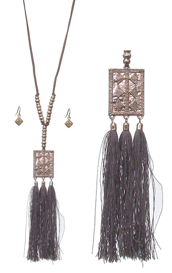 Thread tassel and leather chain long necklace set