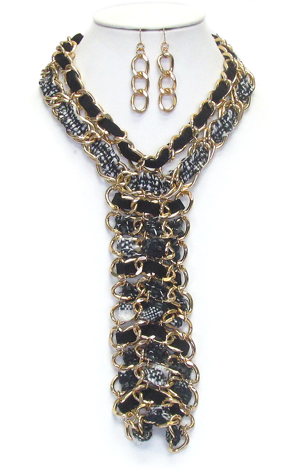 Suede fabric braided y drop luxury statement chain necklace set