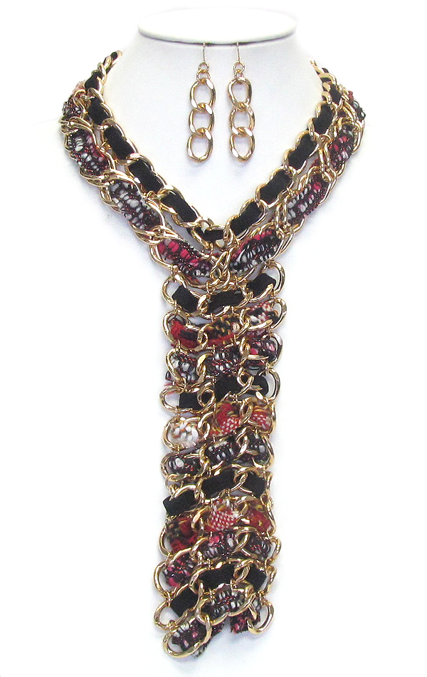 Suede fabric braided y drop luxury statement chain necklace set