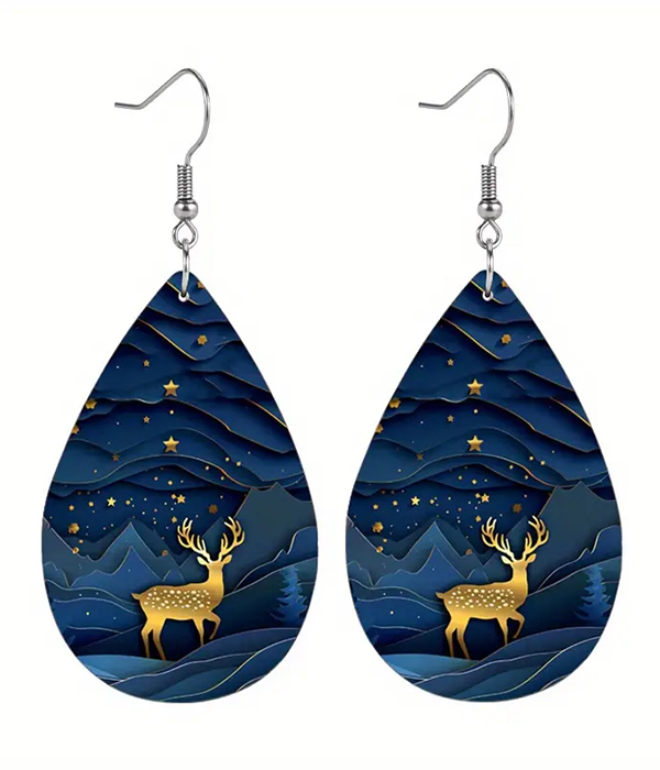 Elk and mountain leatherette teardrop earring