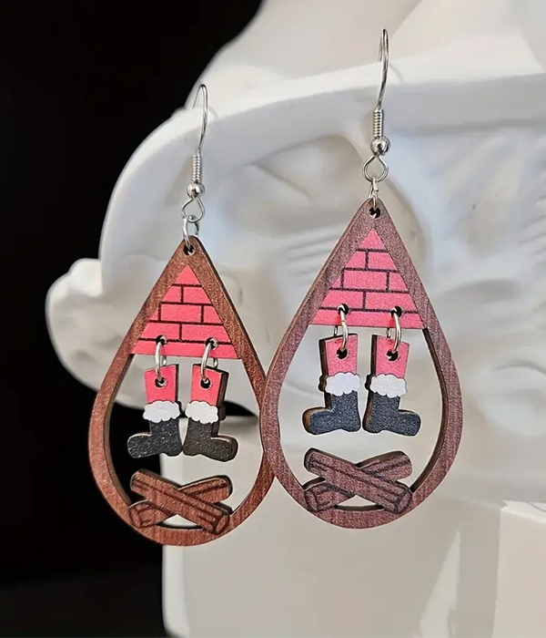 Christmas theme santa and fireplace wood teardrop earring
