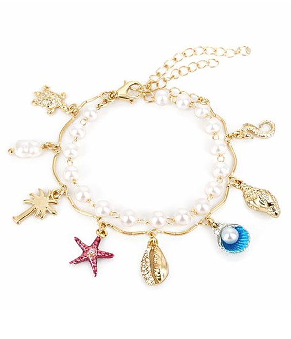 Multi charm double chain bracelet set - starfish shell