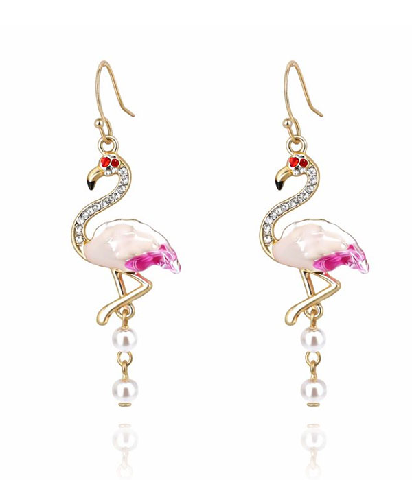 Flamingo and pearl drop earring