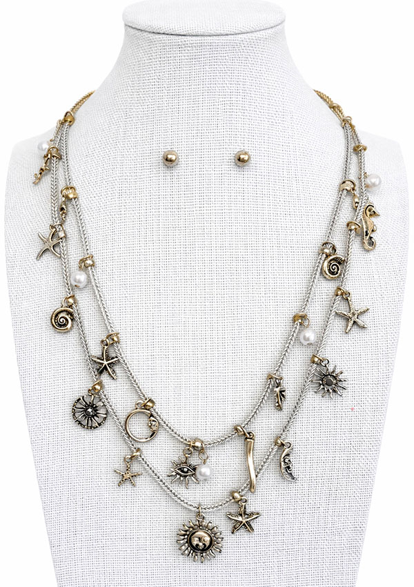 Multi charm double layer necklace - sun starfish moon