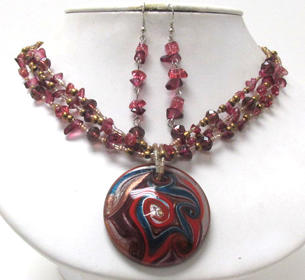 Murano glass disk pendant and chip stone necklace earring set