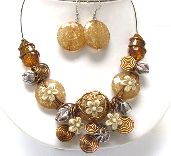 Multi amber inspired stone and flower deco wire art necklace earring set