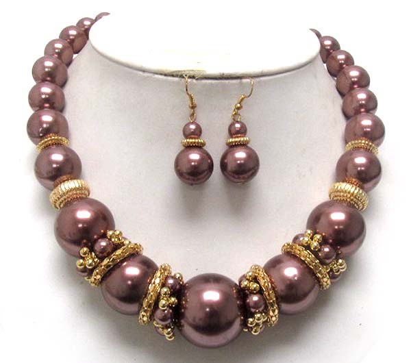 Multi size pearl and tube rondelle deco necklace earring set