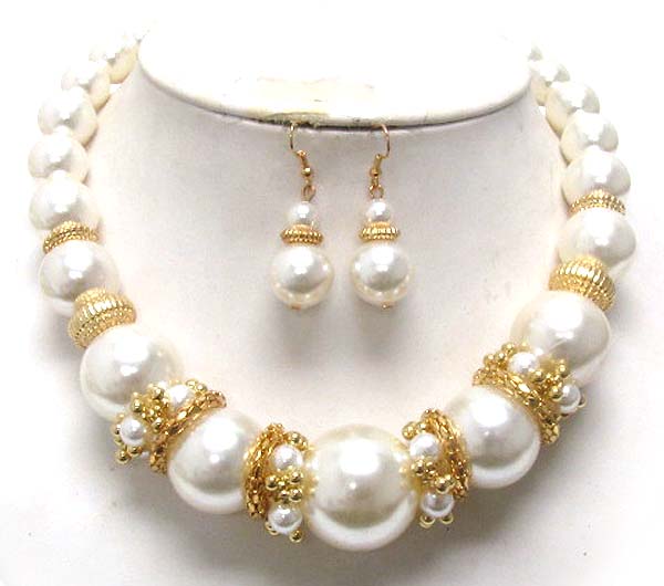 Multi size pearl and tube rondelle deco necklace earring set