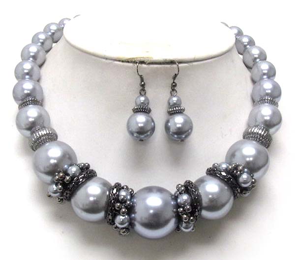 Multi size pearl and tube rondelle deco necklace earring set