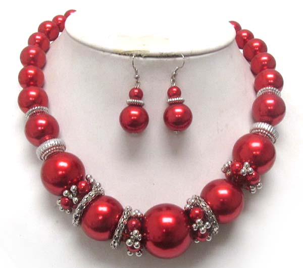 Multi size pearl and tube rondelle deco necklace earring set