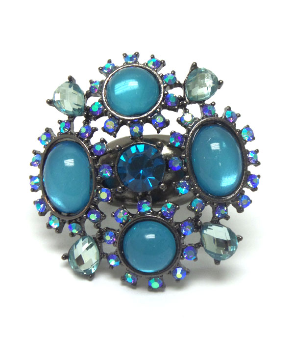 Multi crystal and puffy stone mix stretch ring