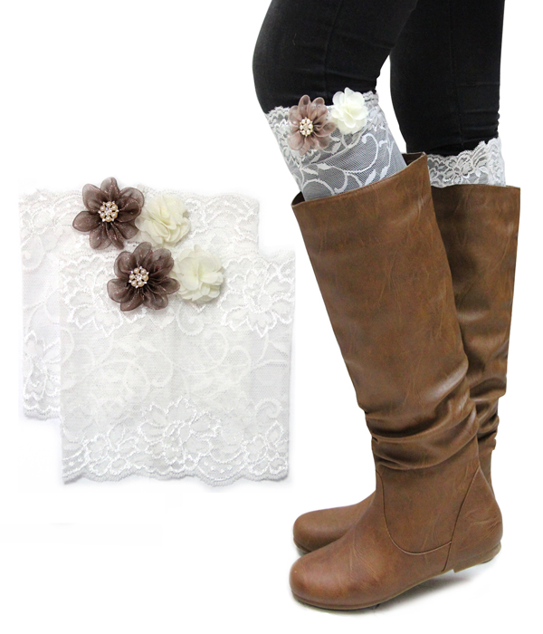 Vintage lace and flower accent short boot toppers - boot cuffs