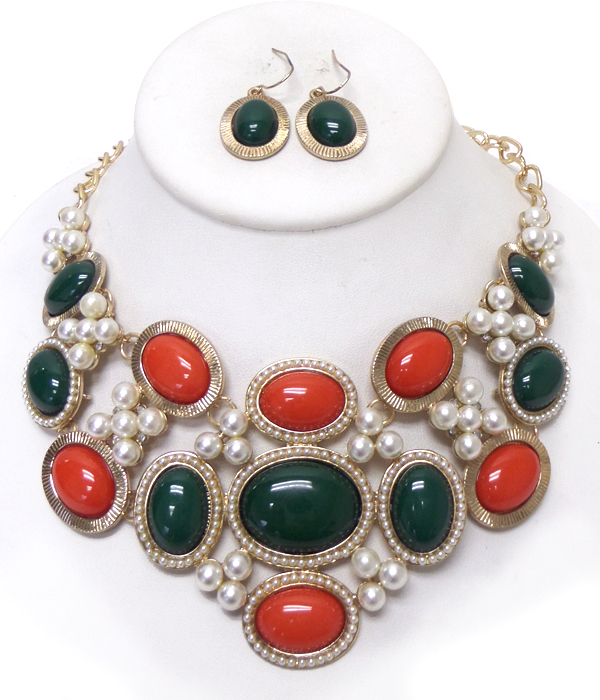 Multi stone and pearl mix bib necklace set