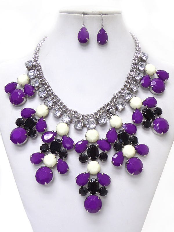 Multi teardrop stone and crystal chain necklace set