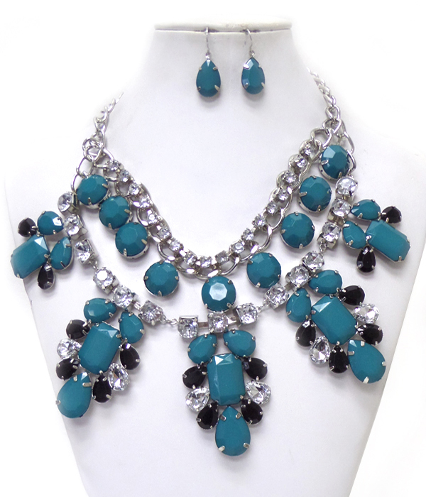 Multi crystal mix drop and layered necklace set