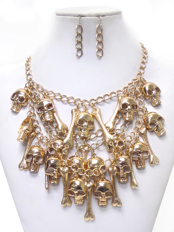 Multi skull and skeleton bib necklace set