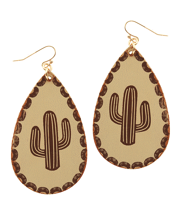 LEATHER TEXTURED CACTUS TEARDROP EARRING